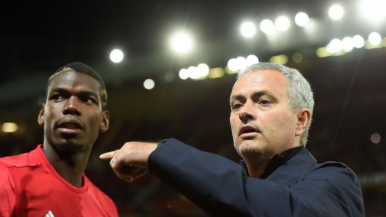 Jose Mourinho gestures towards Paul Pogba ahead of the Europa League group A match Zorya Luhansk at Old Trafford