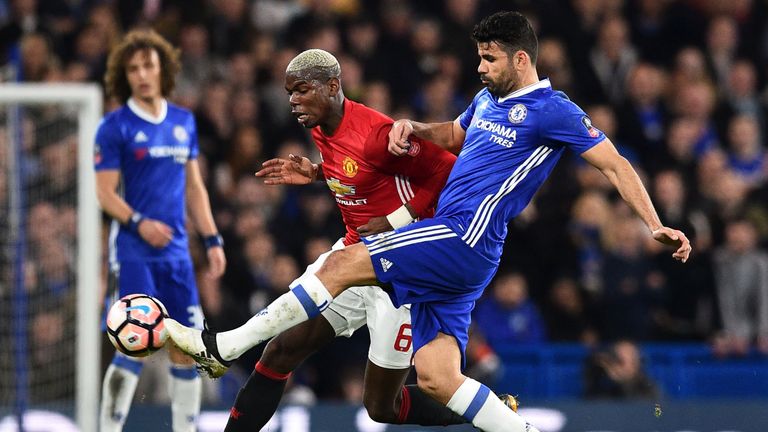 Diego Costa challenges Paul Pogba during the FA Cup quarter-final at Stamford Bridge