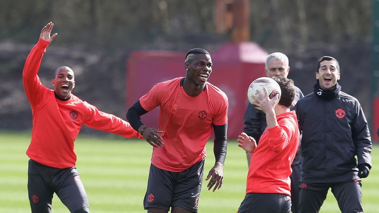 Paul Pogba jokes with his team-mates as Manchester United prepare for their Europa League decider with Rostov