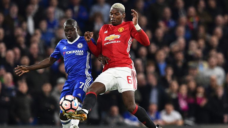 N'Golo Kante and Paul Pogba in action during the FA Cup quarter-final at Stamford Bridge