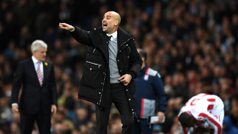 MANCHESTER, ENGLAND - MARCH 08:  Josep Guardiola, Manager of Manchester City reacts during the Premier League match between Manchester City and Stoke City 