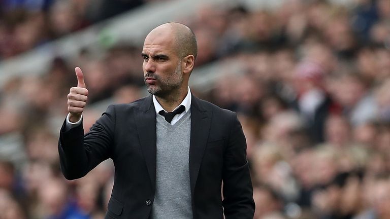 MIDDLESBROUGH, ENGLAND - MARCH 11:  Josep Guardiola, Manager of Manchester City gives his team a thumbs up during The Emirates FA Cup Quarter-Final match b