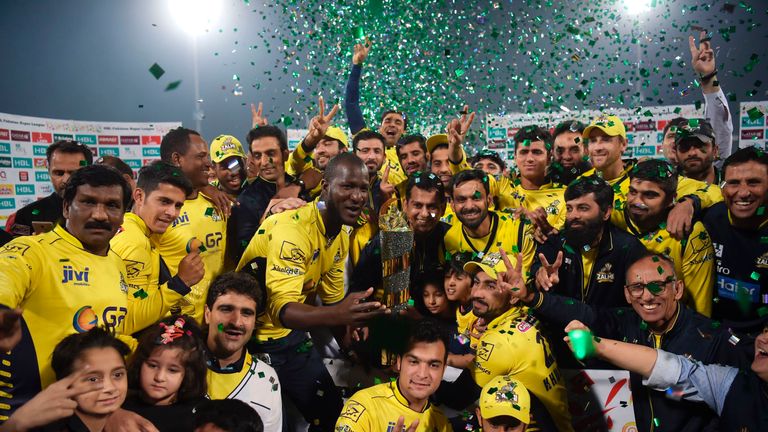 Peshawar Zalmi celebrate their victory over Quetta Gladiators in the final the Pakistan Super League (PSL)