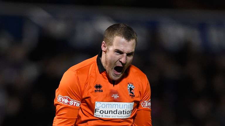 HARTLEPOOL, ENGLAND - DECEMBER 05:  Goalkeeper Peter Jeffries of Blyth celebrates his team's equaliser during the FA Cup Second Round match between Hartlep