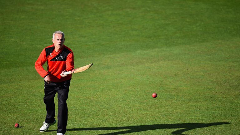 Nottinghamshire coach Peter Moores catching practice