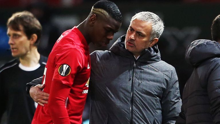 Paul Pogba leaves the pitch with a hamstring injury during the UEFA Europa League Round of 16 second leg match between Manchester United and FK Rostov