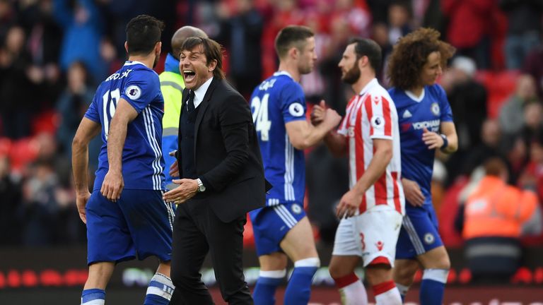 Antonio Conte, Manager of Chelsea celebrates after the Premier League match between Stoke City and Chelsea at Bet365 Stadium