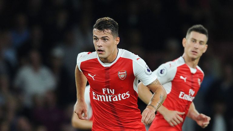 Granit Xhaka in action during the Premier League match between Arsenal and Chelsea at Emirates Stadium