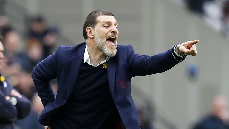 Slaven Bilic gestures on the touchline during the match against Leicester City at The London Stadium