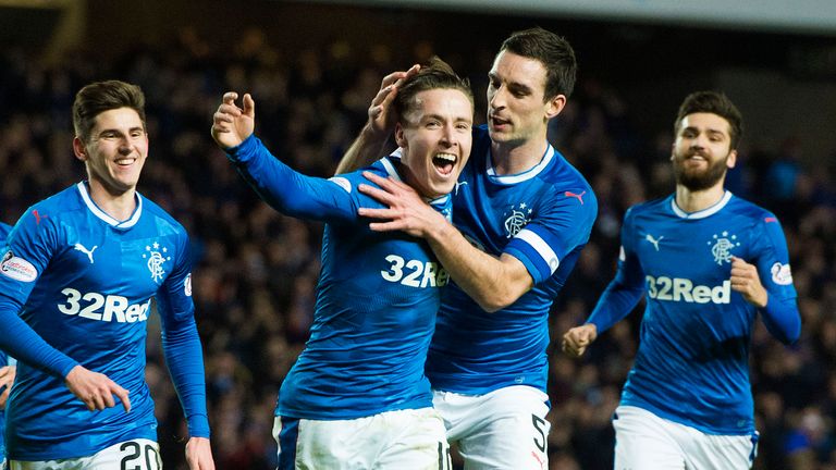  Rangers' Barrie McKay (second from left) celebrates with his team-mates after opening the scoring