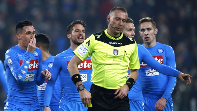 Napoli's players argue with Paolo Valeri during first leg of 2017 Coppa Italia semi-final