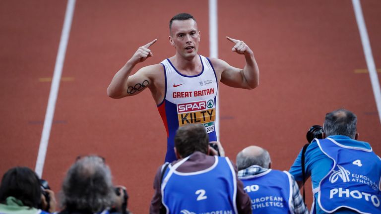 BELGRADE, SERBIA - MARCH 04: Richard Kilty (C) of great Britain celebrates after winning the men's 60m final at the 2017 European Athletics Indoor Champion