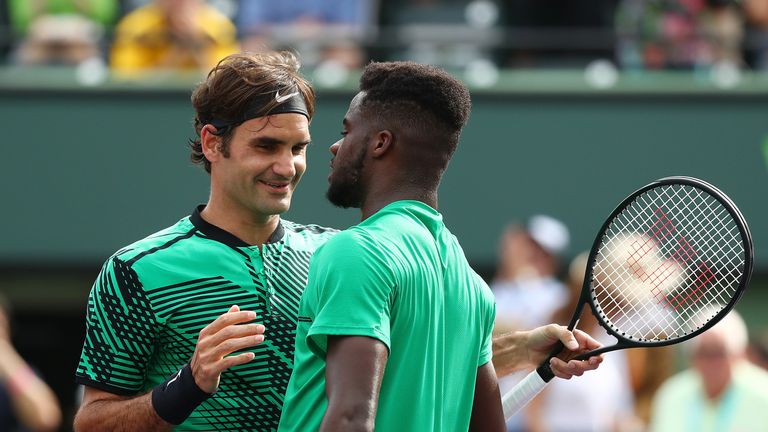 KEY BISCAYNE, FL - MARCH 25:  Roger Federer of Switzerland celebrates match point against Frances Tiafoe during day 6 of the Miami Open at Crandon Park Ten
