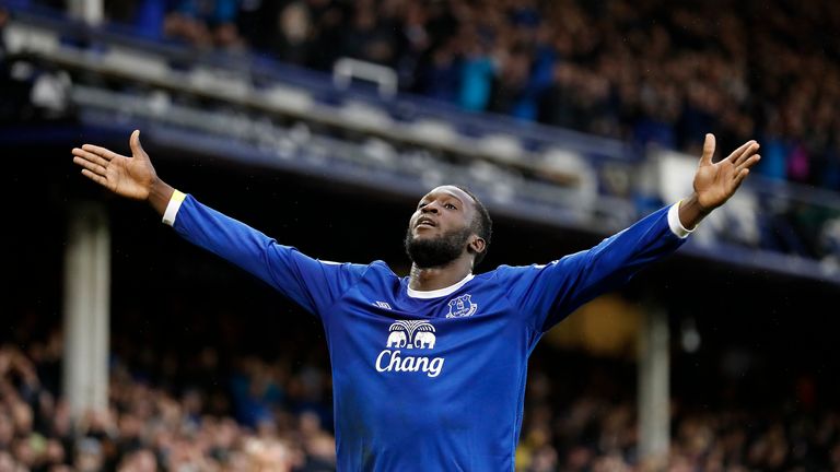 Everton's Romelu Lukaku celebrates scoring his side's third goal of the game during the Premier League match at Goodison Park, Liverpool.