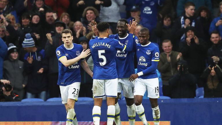 Romelu Lukaku celebrates his second and Everton's fourth goal against Hull City