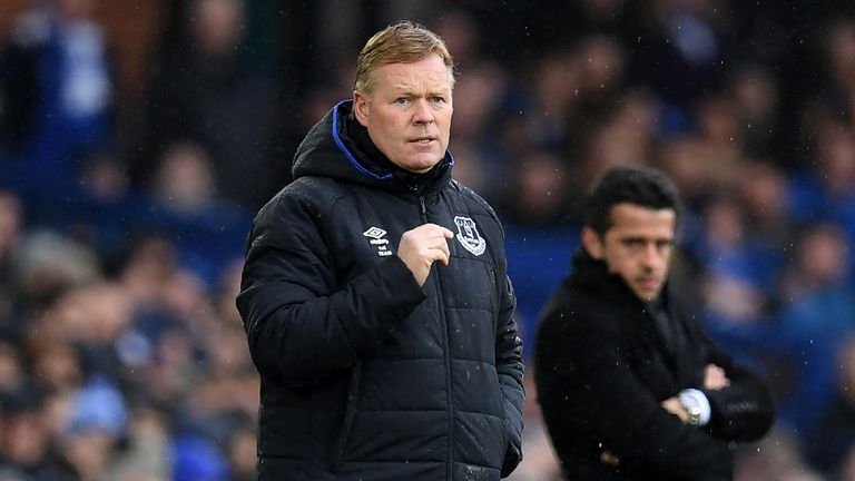 Ronald Koeman and Marco Silva watch from the touchline at Goodison Park