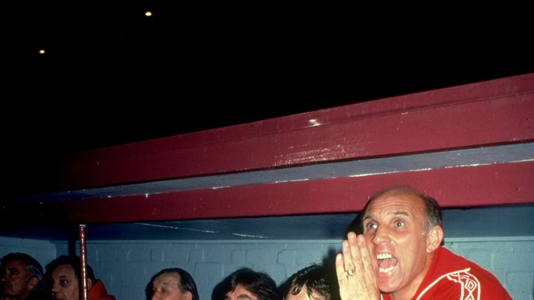 Undated image of Liverpool coach Ronnie Moran (right) shouting orders from the bench during a match
