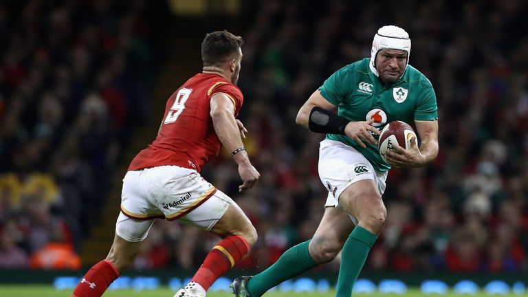 CARDIFF - MAR 10 2017:  Rory Best of Ireland takes on Rhys Webb during the RBS Six Nations match between Wales v Ireland at the  Principality Stadium