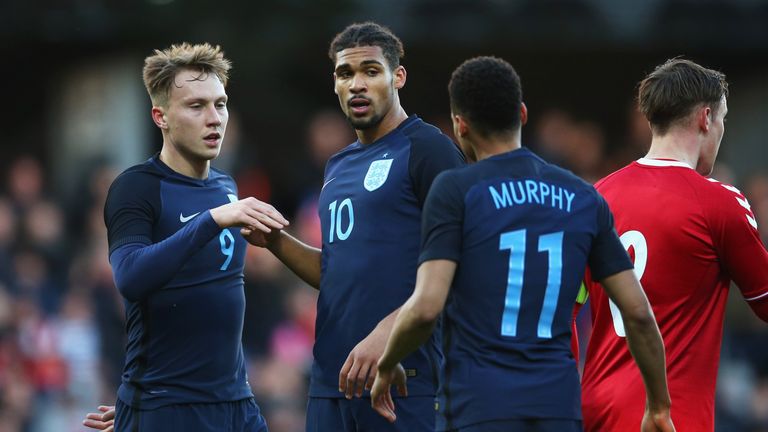 RANDERS, DENMARK - MARCH 27:  Ruben Loftus-Cheek of England (10) celebrates as scores their first goal with Cauley Woodrow (9) and Jacob Murphy (11) during