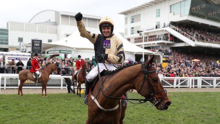 Jockey Ruby Walsh on Nichols Canyon celebrates winning the Sun Bets Stayers' Hurdle during St Patrick's Thursday of the 2017 Cheltenham Festival at Chelten
