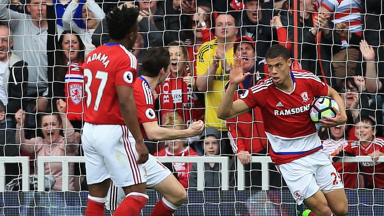 Rudy Gestede turns to celebrate after scoring scoring for Middlesbrough