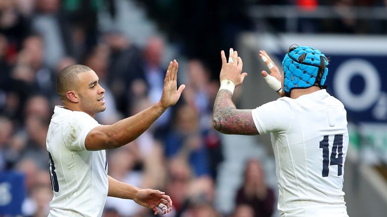 Jonathan Joseph is congratulated by Jack Nowell after scoring his second try against Scotland