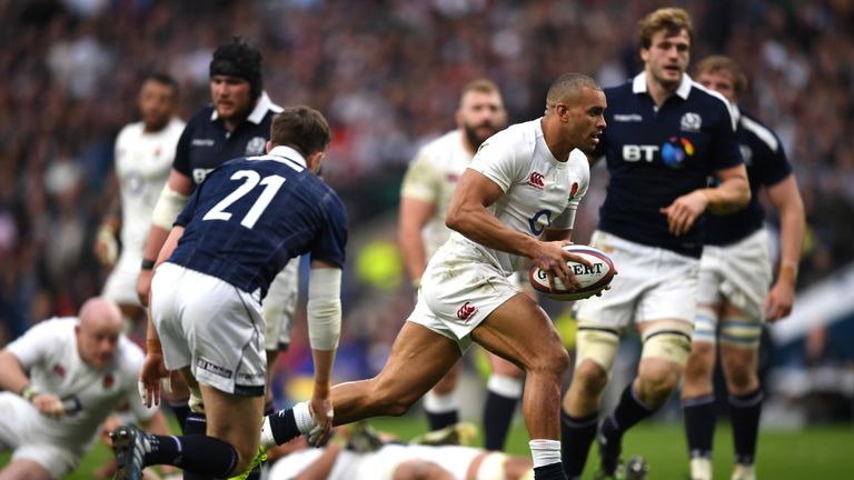 Jonathan Joseph completes his hat-trick against Scotland