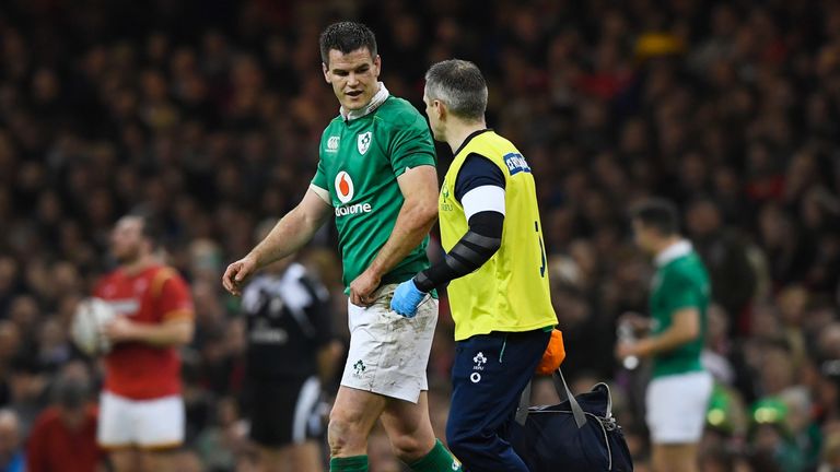 CARDIFF, WALES - MARCH 10:  Jonathan Sexton of Ireland leaves the field with a head injury during the Six Nations match between Wales and Ireland at the Pr