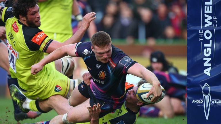 Sam Simmonds scores Exeter's second try during the Anglo-Welsh Cup final against Leicester