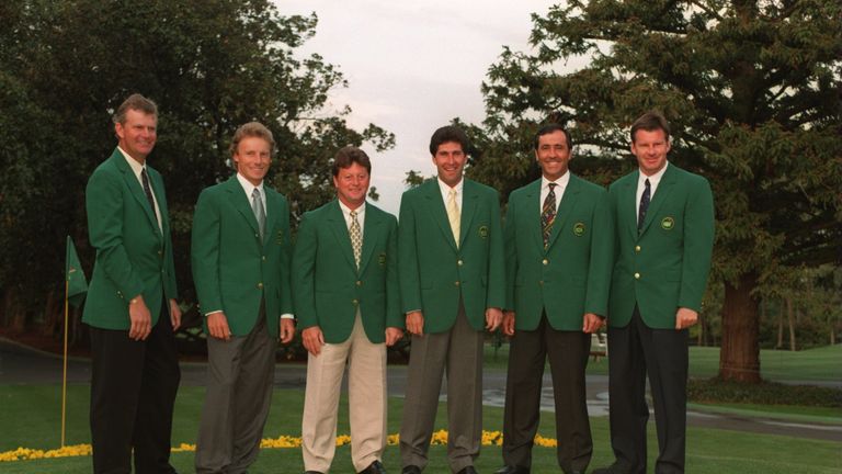 European Masters champions: Sandy Lyle, Bernhard Langer, Ian Woosnam, Jose Maria Olazabal, Seve Ballesteros and Nick Faldo