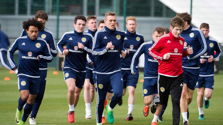 The Scotland squad including Darren Fletcher (C) train ahead of their match against Canada