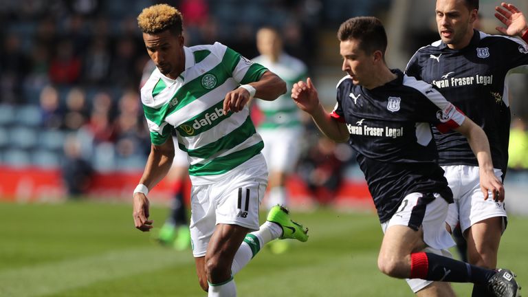 Celtic's Scott Sinclair (left) and Dundee's Cameron Kerr battle for the ball during the Ladbrokes Scottish Premiership match at Dens Park Stadium, Dundee.