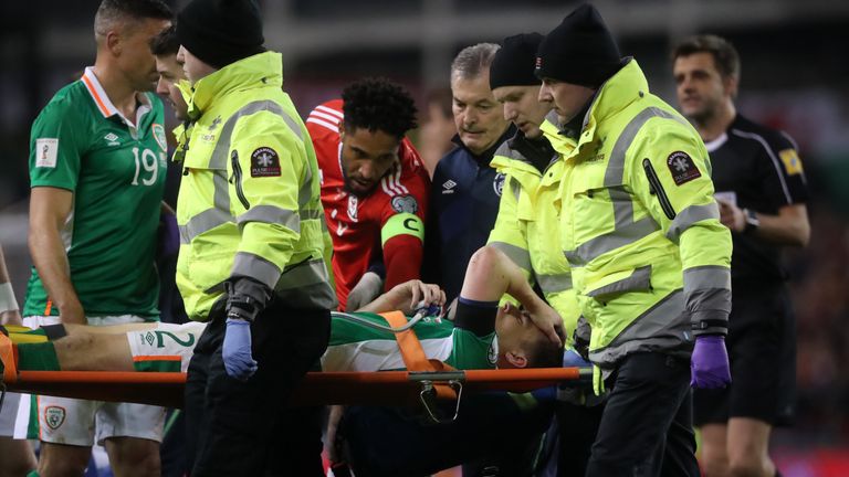 Republic of Ireland's Seamus Coleman is injured during the World Cup Qualifying, Group D match v Wales at the Aviva Stadium