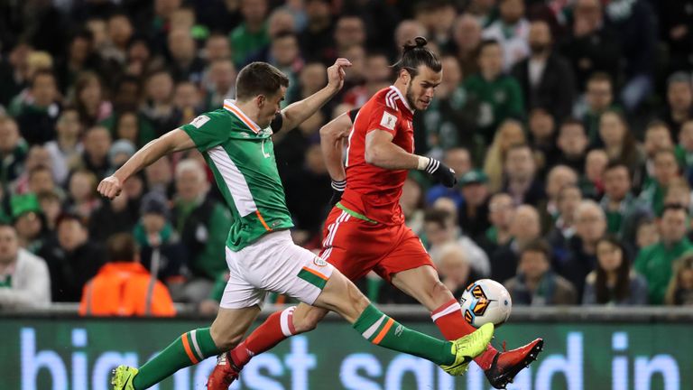 Republic of Ireland's Seamus Coleman and Wales' Gareth Bale during the 2018 FIFA World Cup Qualifying, Group D match at the Aviva Stadium, Dublin.