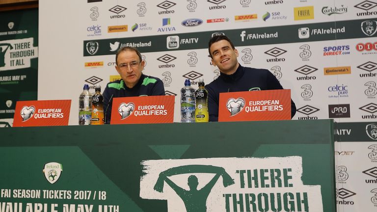 Republic of Ireland manager Martin O'Neill and Seamus Coleman during a press conference at the FAI National Training Centre, Dublin, ahead of clash v Wales