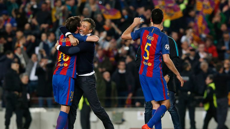Sergi Roberto embraces Luis Enrique after his injury-time goal sealed Barcelona's path to the Champions League quarter-finals