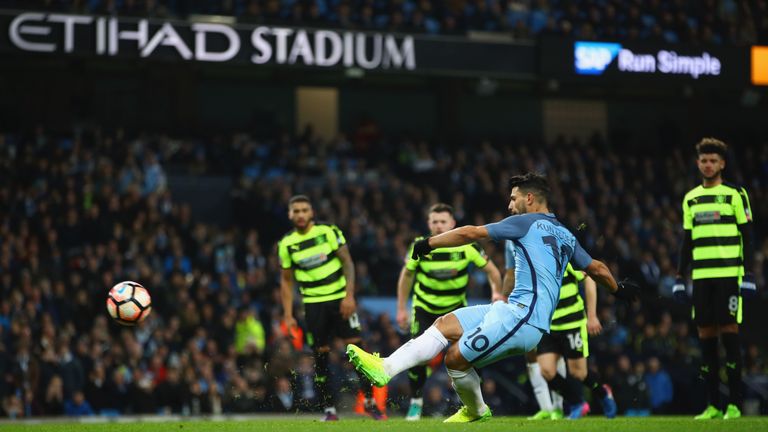 MANCHESTER, ENGLAND - MARCH 01:  Sergio Aguero of Manchester City scores their second goal from a penalty during The Emirates FA Cup Fifth Round Replay mat