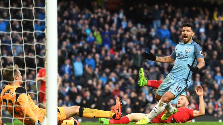 Sergio Aguero scores the second-half equaliser for Manchester City
