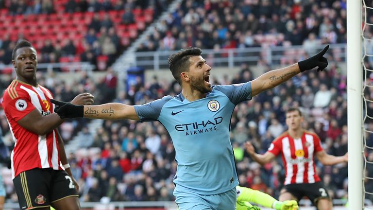 Manchester City's Sergio Aguero celebrates scoring his side's first goal of the game during the Premier League match at the Stadium of Light, Sunderland.