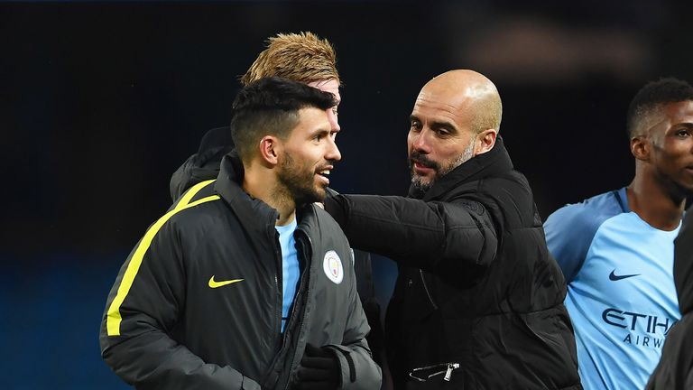 Pep Guardiola congratulates Sergio Aguero after victory in the FA Cup Fifth Round replay against Huddersfield Town
