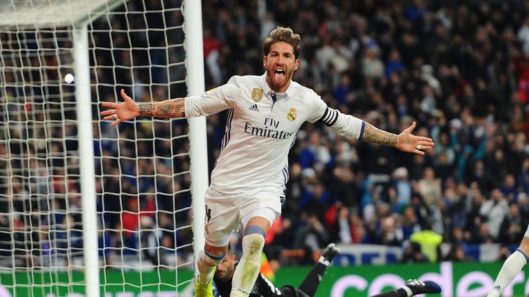 MADRID, SPAIN - MARCH 12:  Sergio Ramos of Real Madrid celebrates after scoring Real's 2nd goal during the La Liga match between Real Madrid CF and Real Be