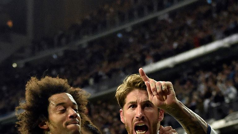 Sergio Ramos celebrates his goal with team-mates during the La Liga match against Real Betis 