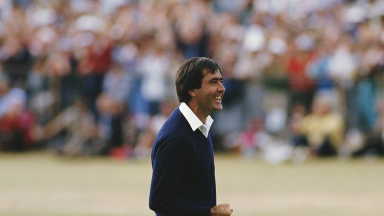 Seve Ballesteros of Spain celebrates after he holes out on the final 18th green to win the 113th Open Championship on 22nd July 1984 on the Old Course at S
