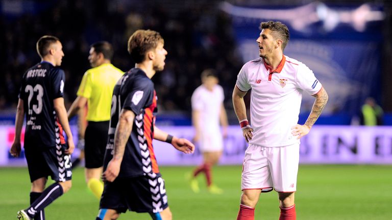Sevilla's Portuguese defender Daniel Carrico stands on the pitch during the Spanish league football match Deportivo Alaves vs Sevilla FC at the Mendizorroz