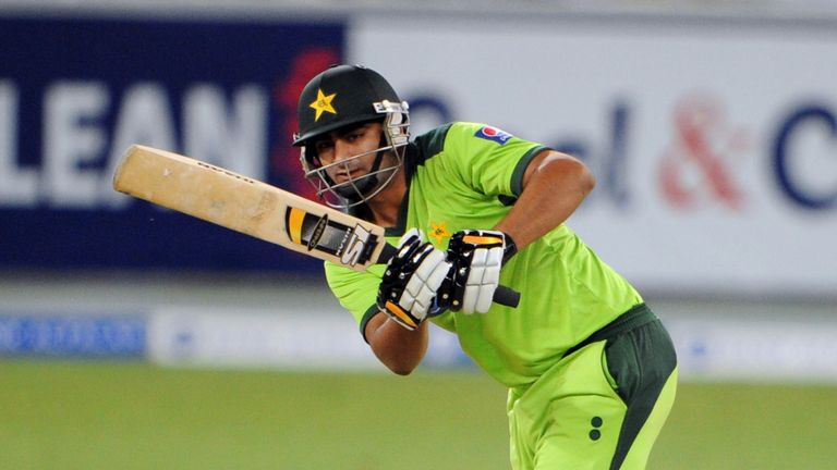 Pakistani batsman Shahzaib Hassan plays a shot during the fifth and last day-night international match between South Africa and Pakistan in Dubai