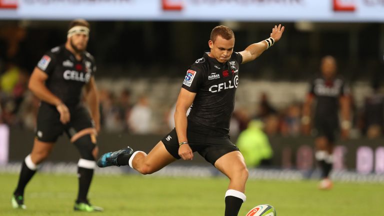 DURBAN, MARCH 18 2017: Curwin Bosch of the Cell C Sharks during the Super Rugby match between Cell C Sharks and Southern Kings