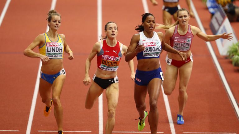 BELGRADE, SERBIA - MARCH 04:  Shelayna Oskan-Clarke of Great Britain advances to the final as she beats Selina Buchel (C) of Switzerland, Lovisa Lindh (L) 