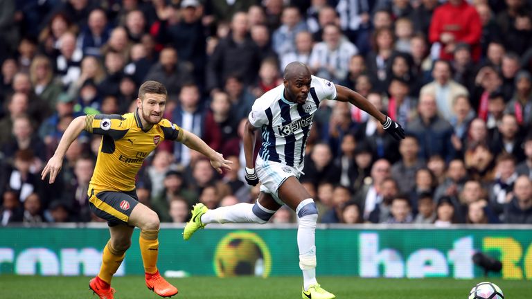 Arsenal's Shkodran Mustafi (left) and West Bromwich Albion's Allan Nyom during the Premier League match at The Hawthorns, West Bromwich.