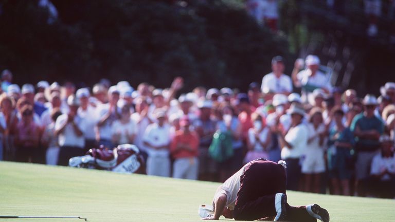 3 JUL 1994:  SIMON HOBDAY REACTS TO A PUTT DURING THE FINAL DAY OF THE 1994 US SENIOR OPEN AT THE PINEHURST #2 GOLF COURSE IN NORTH CAROLINA. Mandatory Cre