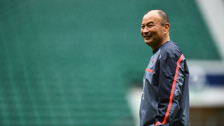 Eddie Jones looks on during the Captain's Run at Twickenham Stadium